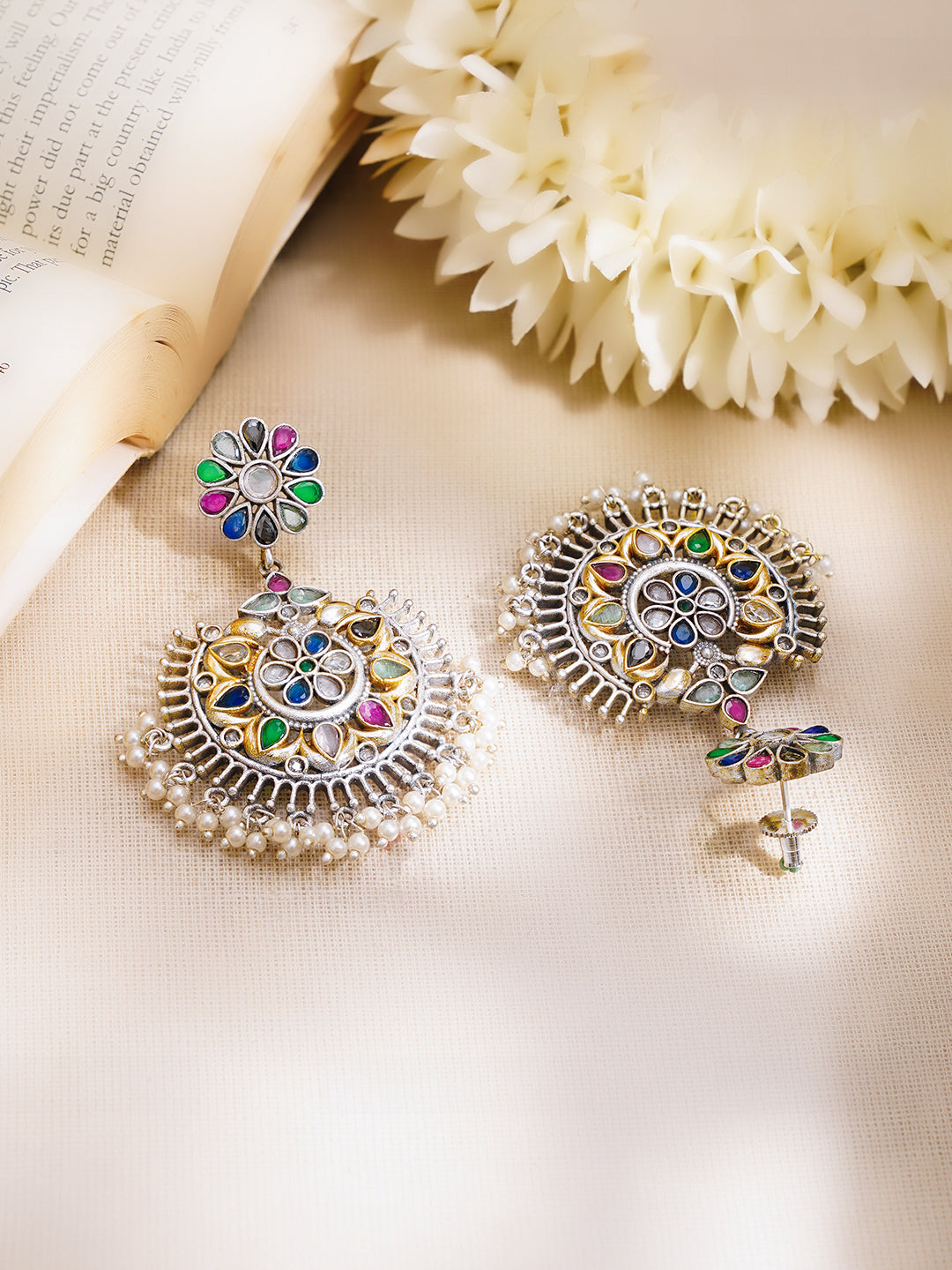 Oxidised Multicolor Kundan Pearl Floral Chandbali Earrings