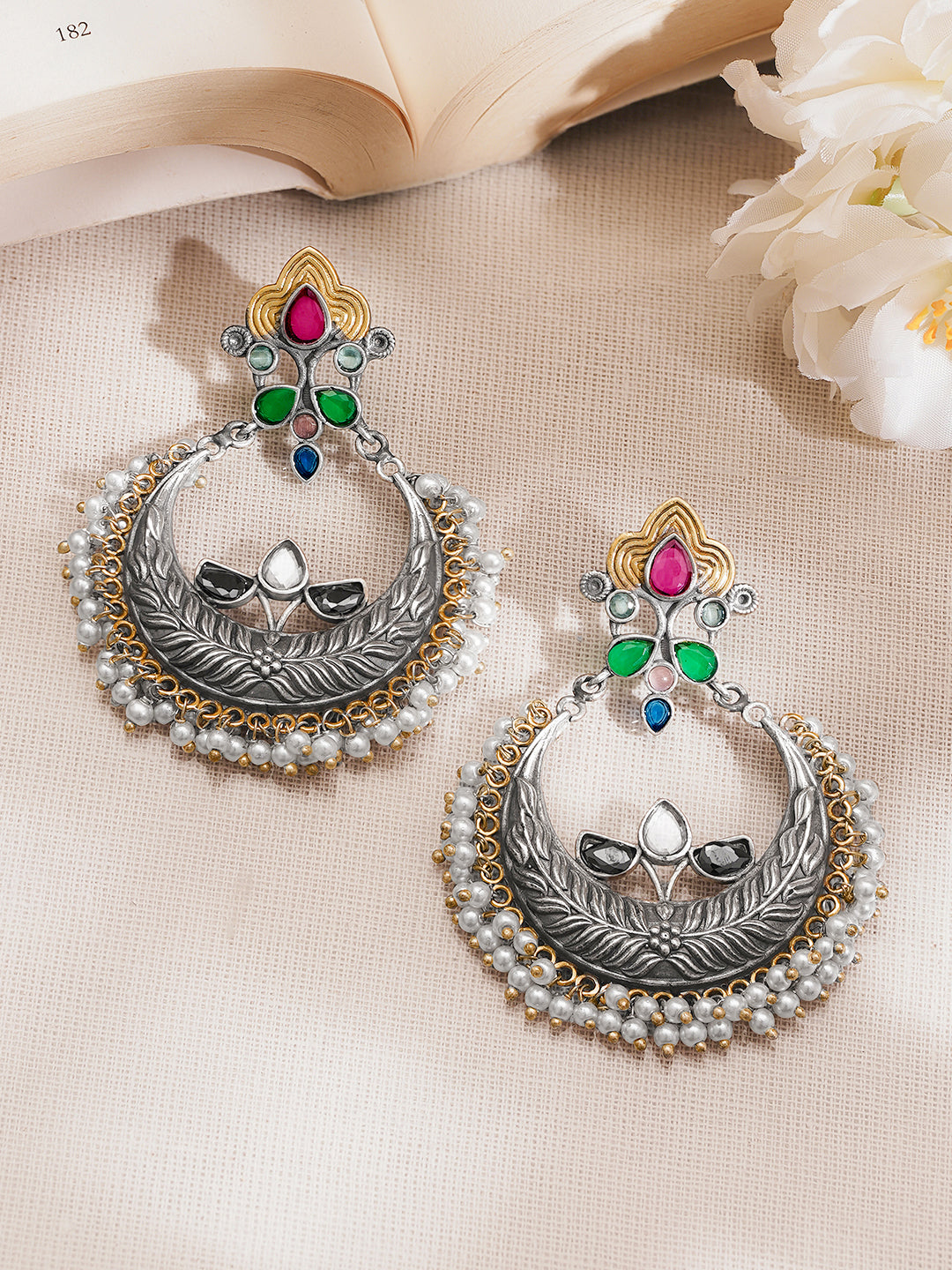 Oxidised Silver Tone Brass Multicolor Chandbali Earrings