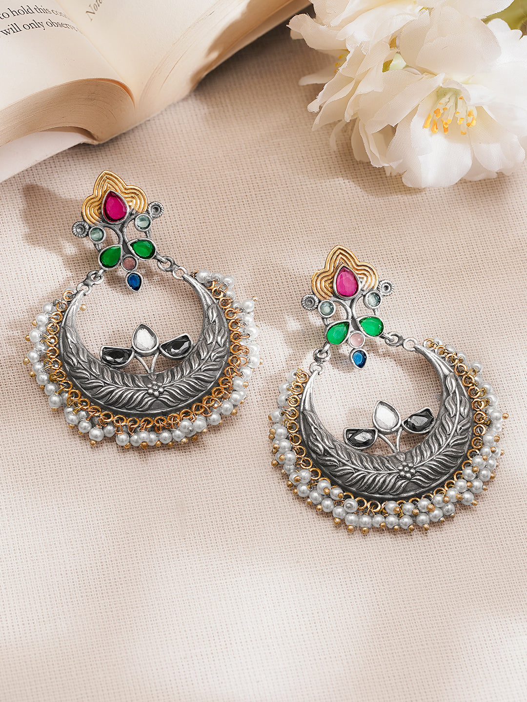 Oxidised Silver Tone Brass Multicolor Chandbali Earrings