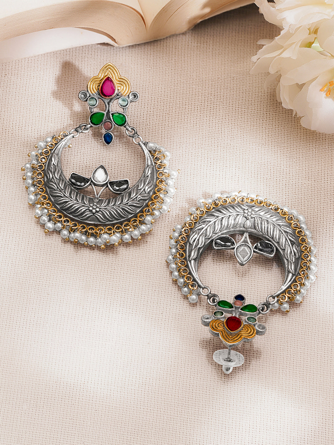 Oxidised Silver Tone Brass Multicolor Chandbali Earrings