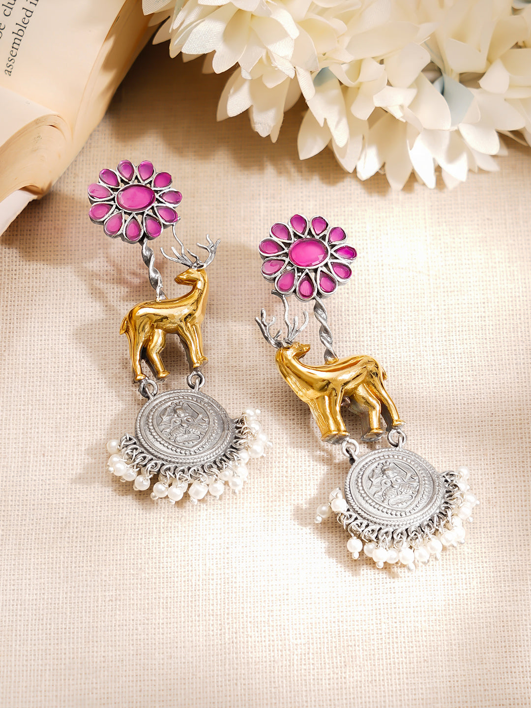 Oxidised Silver-Toned Deer Motif Coin Drop Earrings