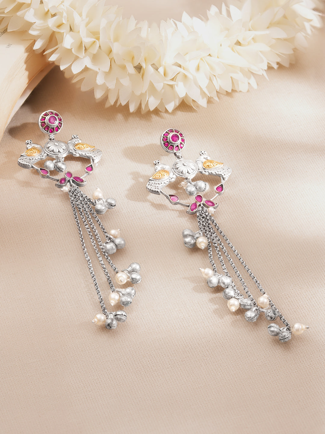 Oxidised Peacock Motif Long Chain Tassel Dangler Earrings