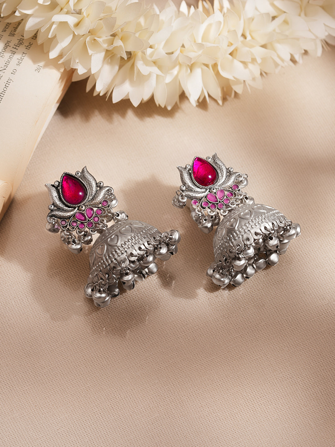 Oxidised Lotus Ruby Charm Jhumka Earrings