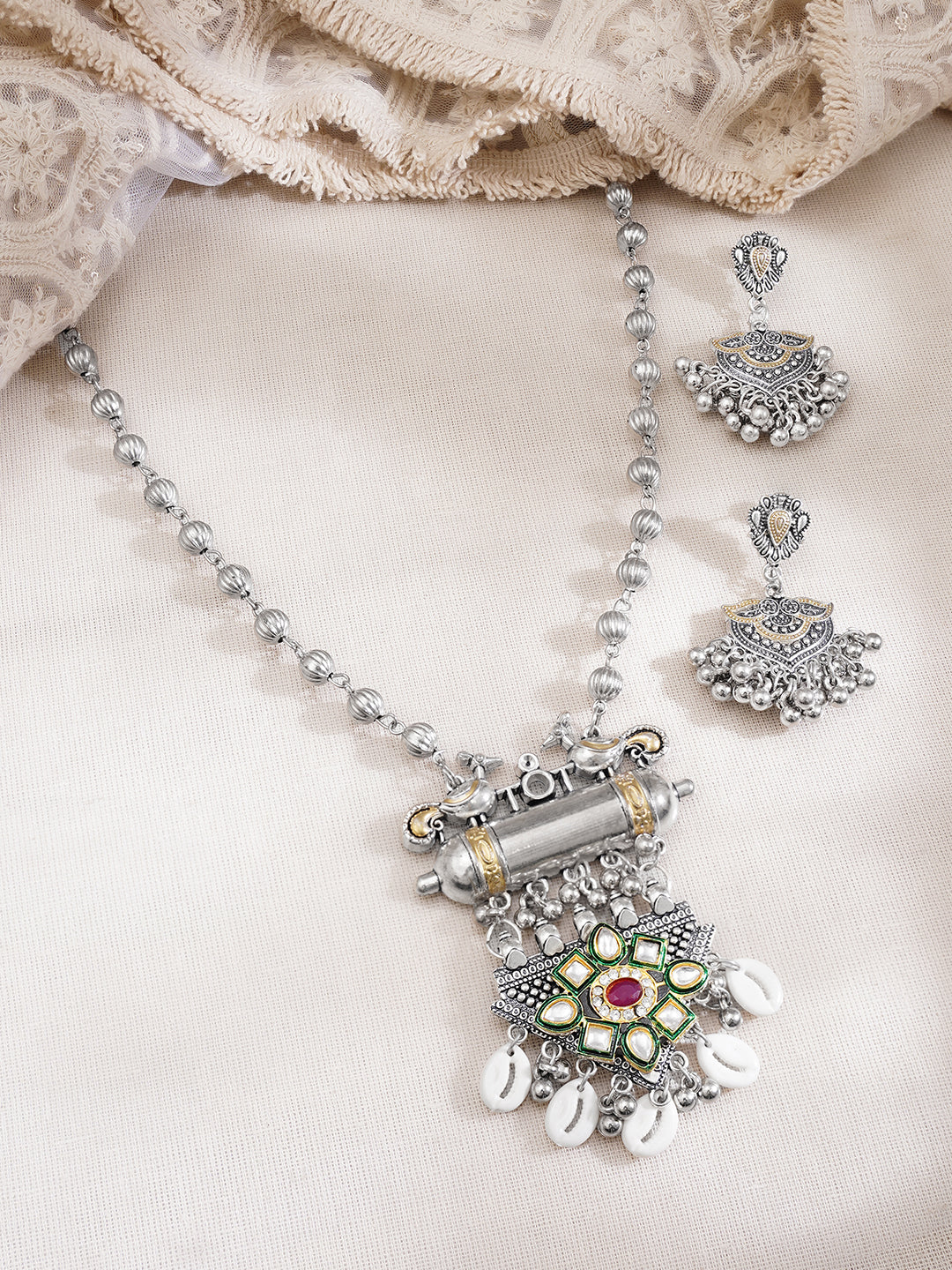 Oxidised Kundan Cowrie Shell Charm Statement Pendant Necklace Set