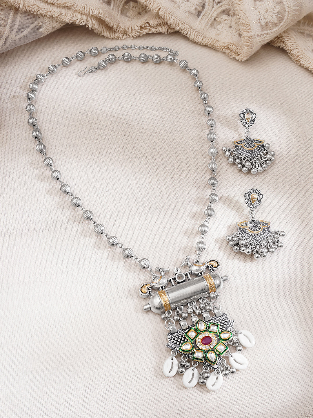 Oxidised Kundan Cowrie Shell Charm Statement Pendant Necklace Set