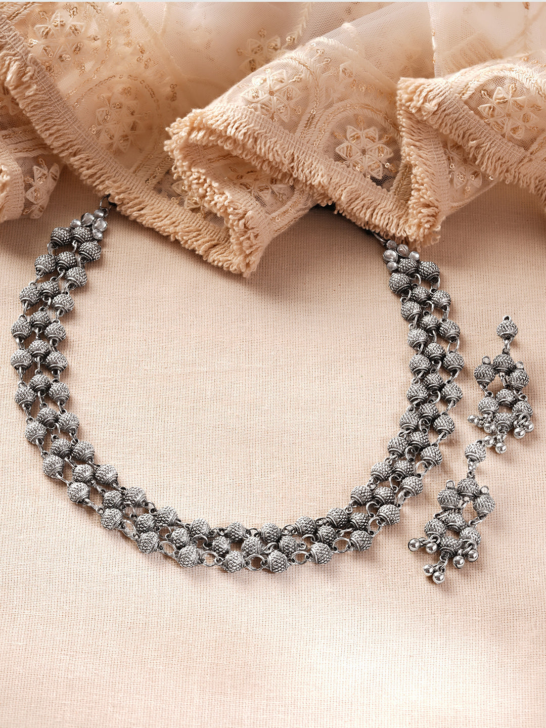 Oxidised Textured Beaded Layered Statement Necklace Set