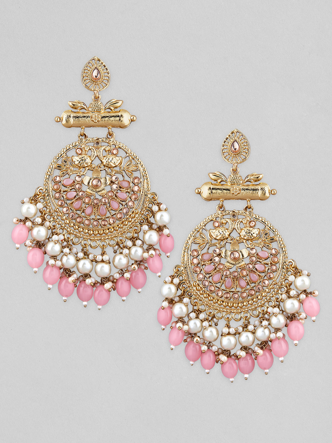 Rubans 18K Antique Gold-Plated Big Chandbali Earrings with Pearl & Pink Bead Accents