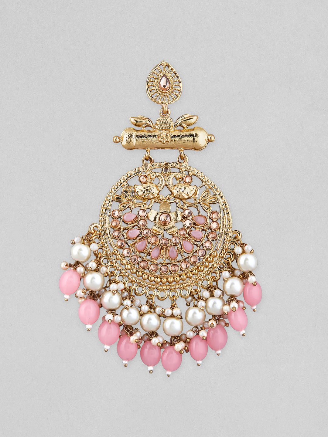 Rubans 18K Antique Gold-Plated Big Chandbali Earrings with Pearl & Pink Bead Accents