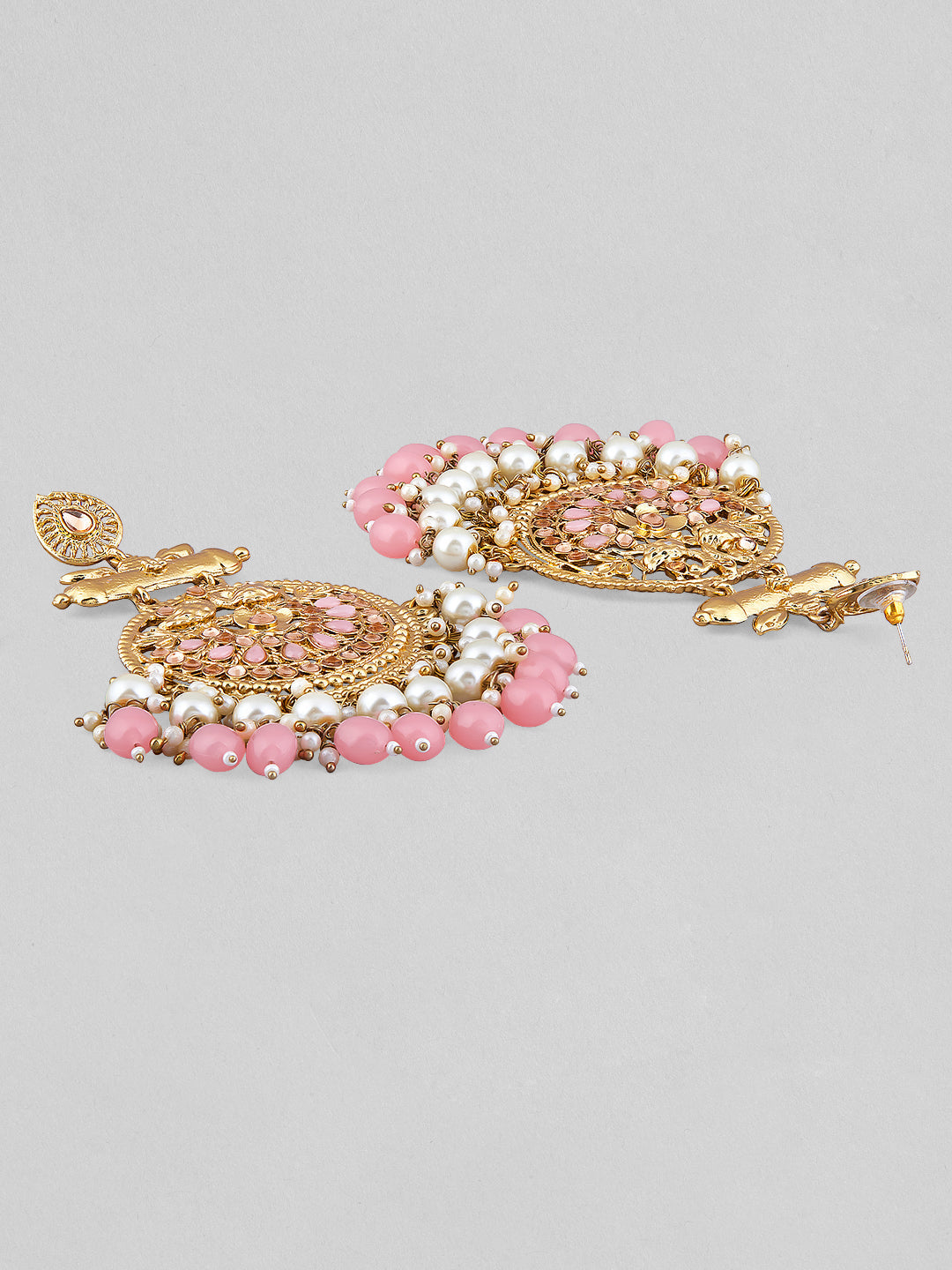 Rubans 18K Antique Gold-Plated Big Chandbali Earrings with Pearl & Pink Bead Accents