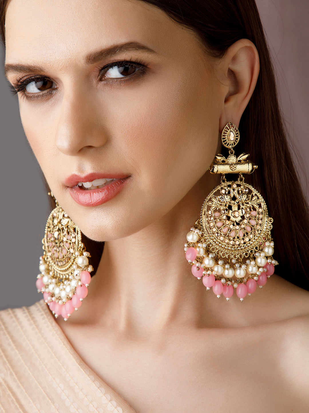 Rubans 18K Antique Gold-Plated Big Chandbali Earrings with Pearl & Pink Bead Accents