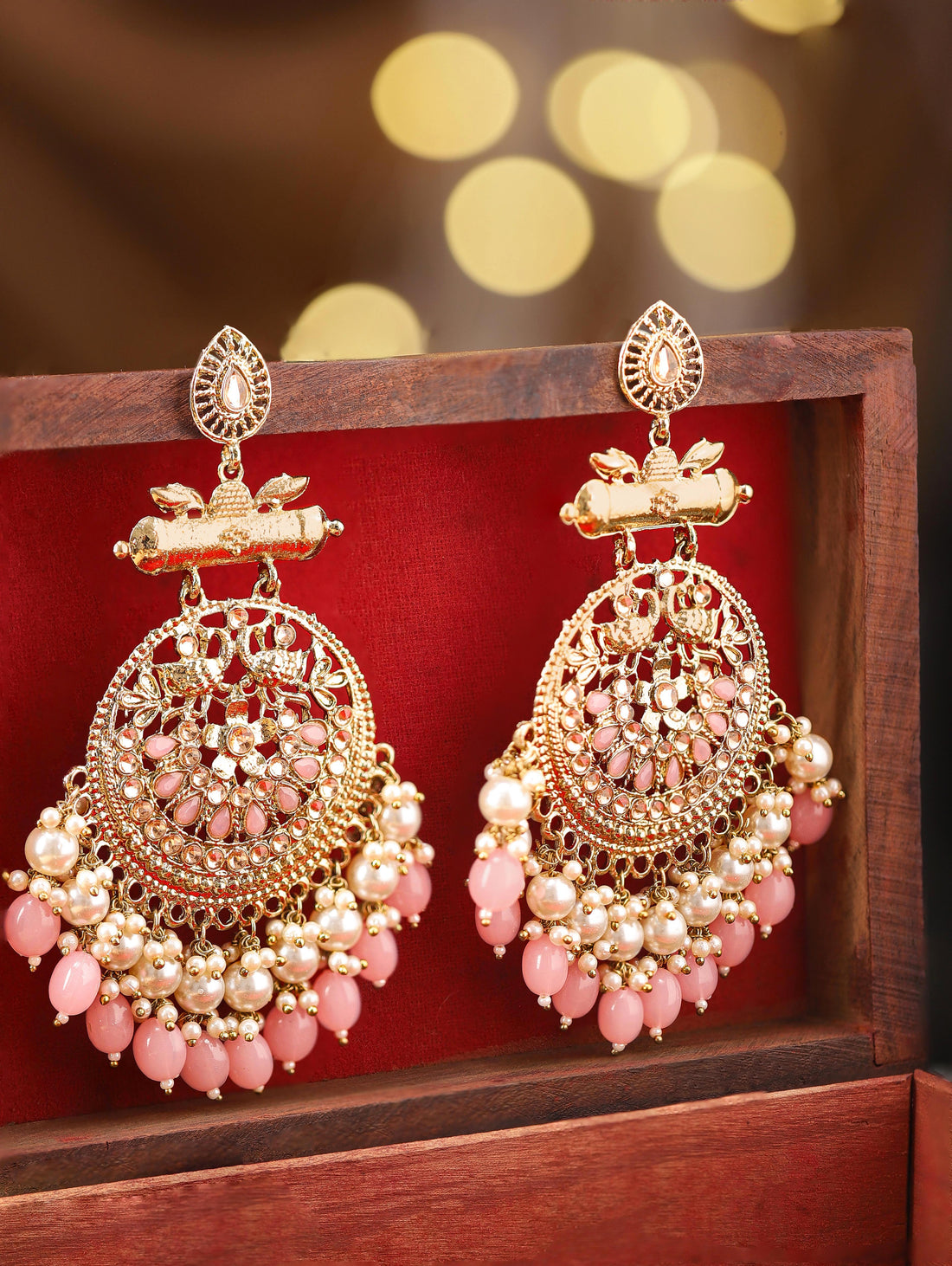 Rubans 18K Antique Gold-Plated Big Chandbali Earrings with Pearl & Pink Bead Accents