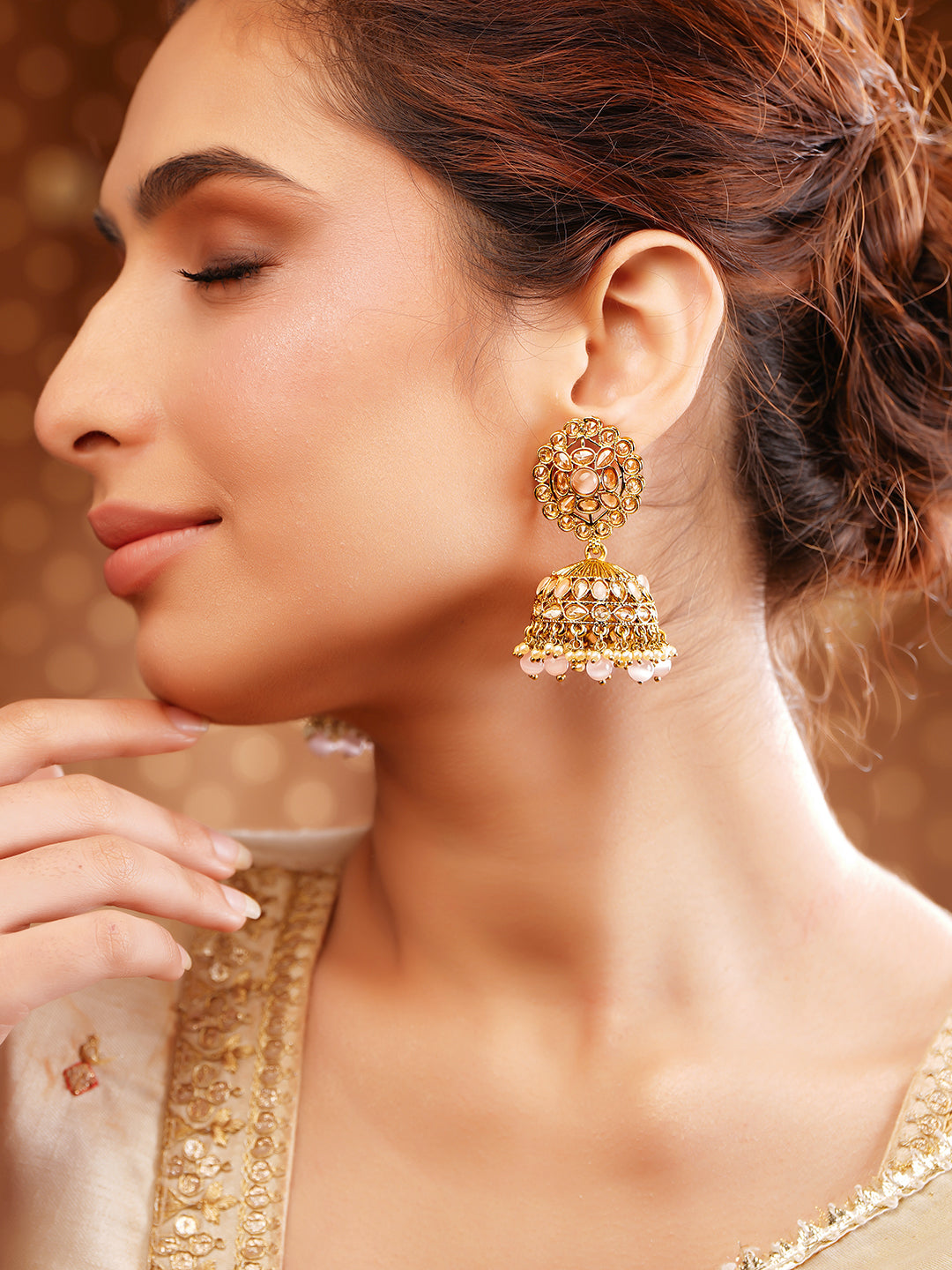 Antique Gold Plated Pastel Pink Kundan Pearl Jhumka Earrings