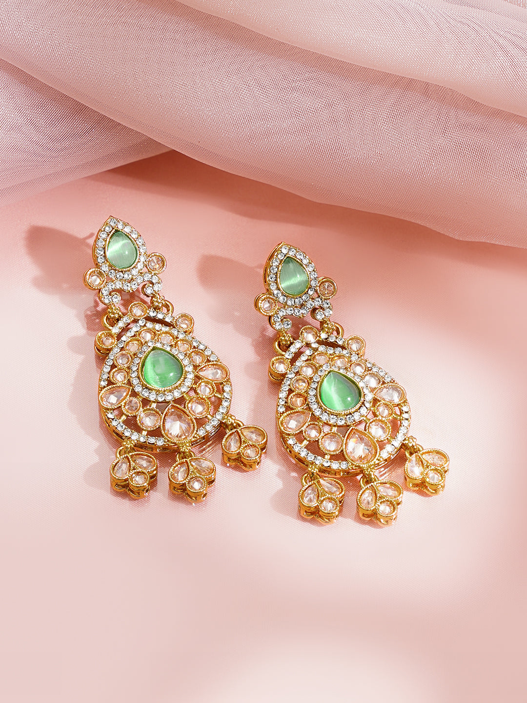 Antique Gold Plated Green Kundan Charm Dangler Earrings