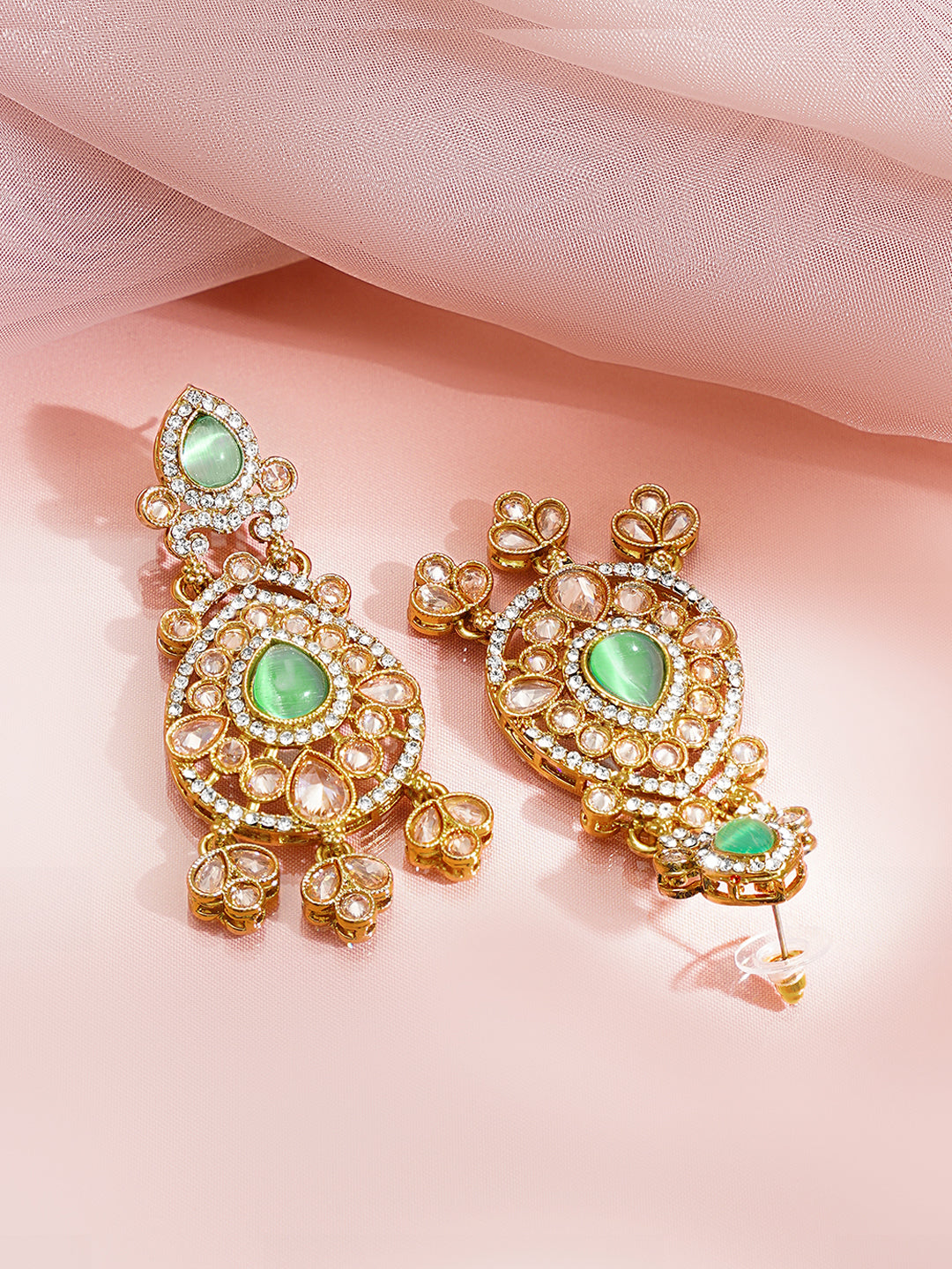 Antique Gold Plated Green Kundan Charm Dangler Earrings