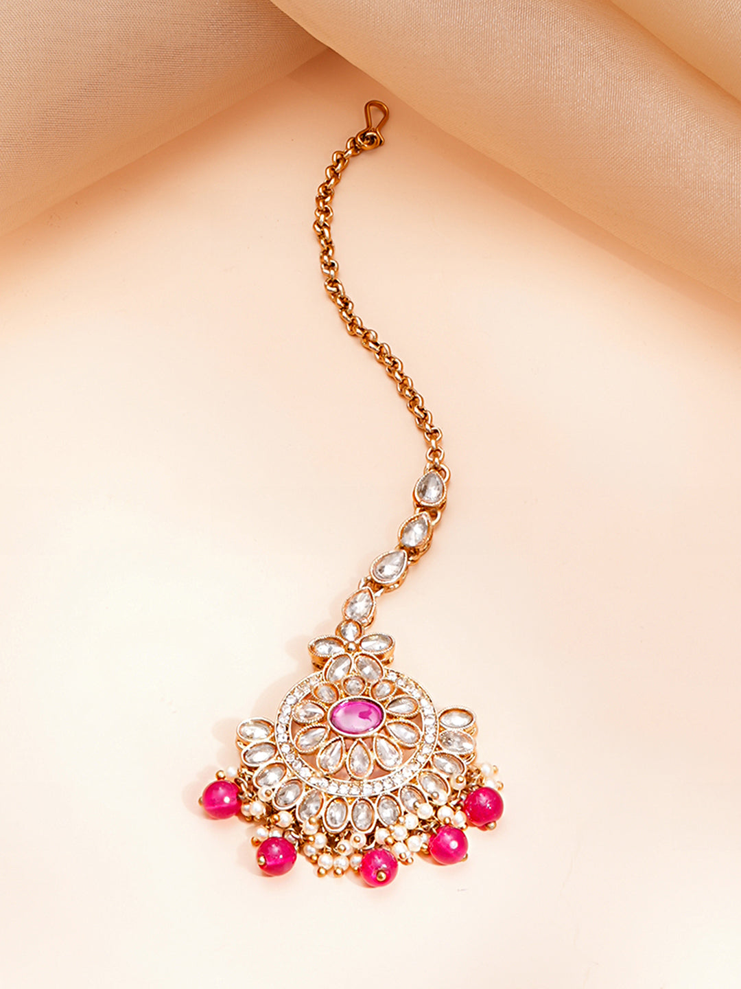 Gold Plated Pearl Beaded Floral Pink Necklace Set With Maangtikka
