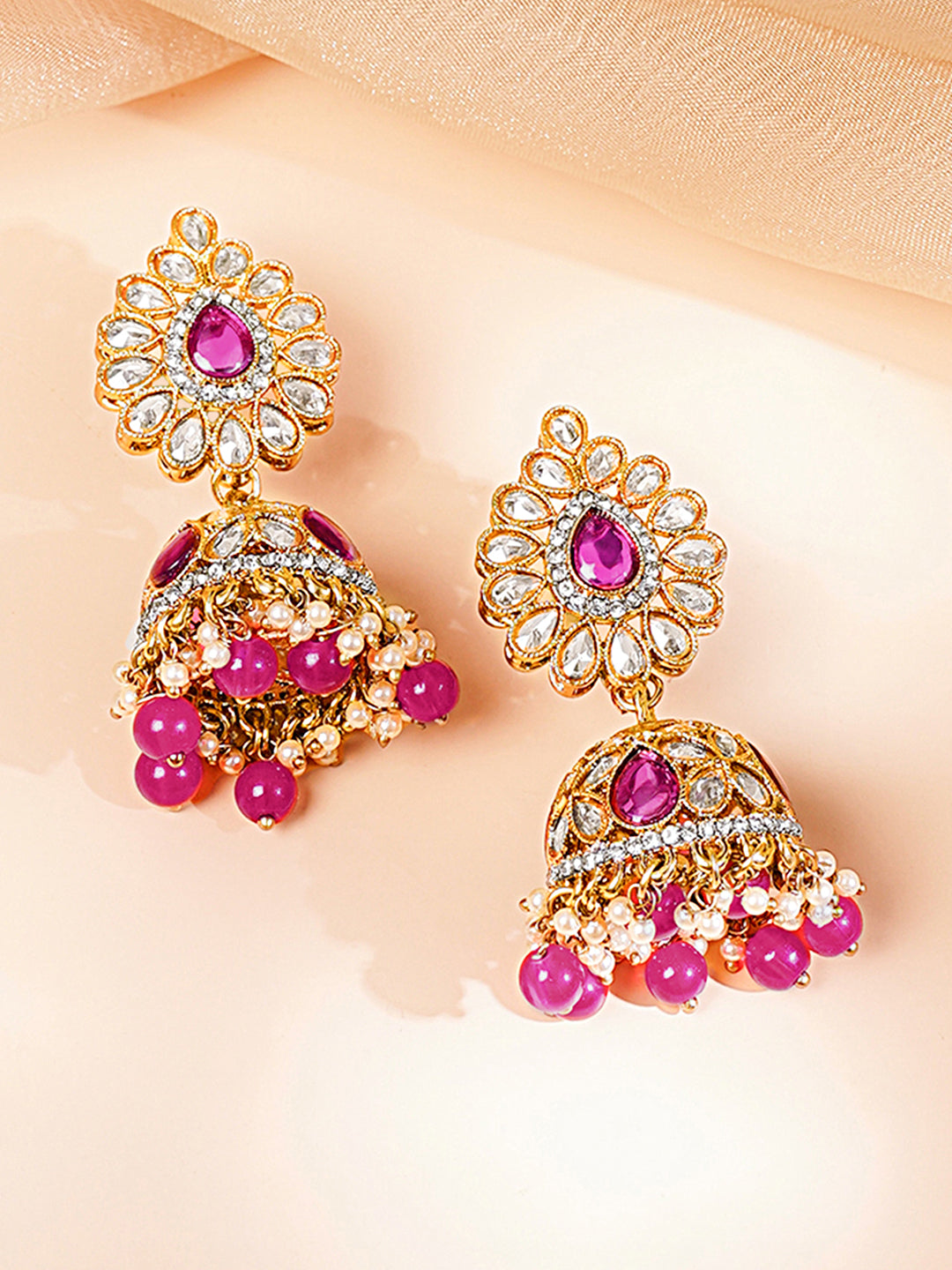 Gold Plated Ruby Pink Studded Pearl Beaded Necklace Set With Maangtikka