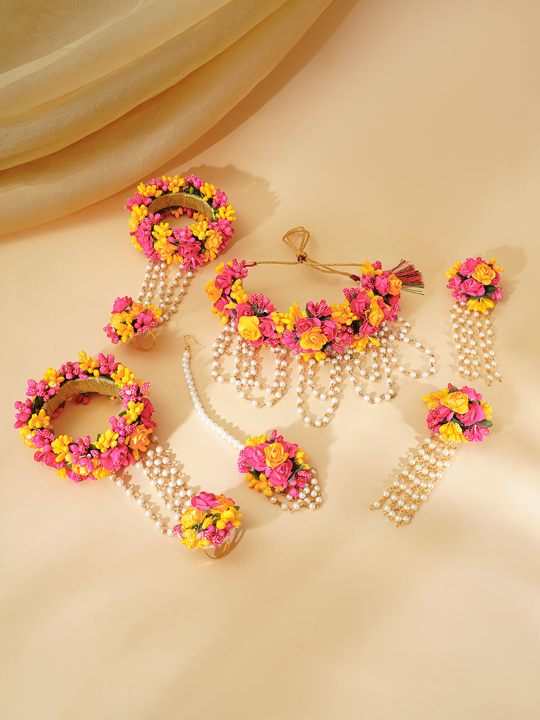 Gold Plated Pearl Beaded Pink & Yellow FLoral Choker Necklace Set With Maangtikka & Hathphool