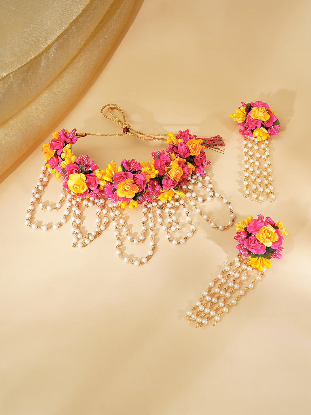 Gold Plated Pearl Beaded Pink & Yellow FLoral Choker Necklace Set With Maangtikka & Hathphool