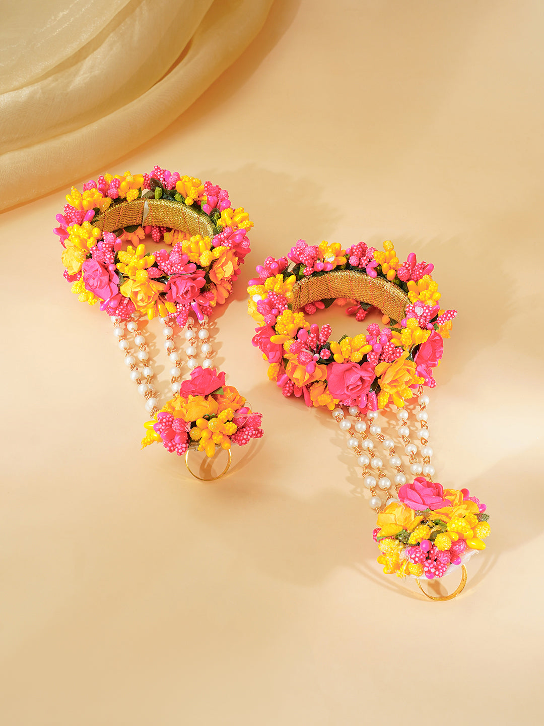 Gold Plated Pearl Beaded Pink & Yellow FLoral Choker Necklace Set With Maangtikka & Hathphool