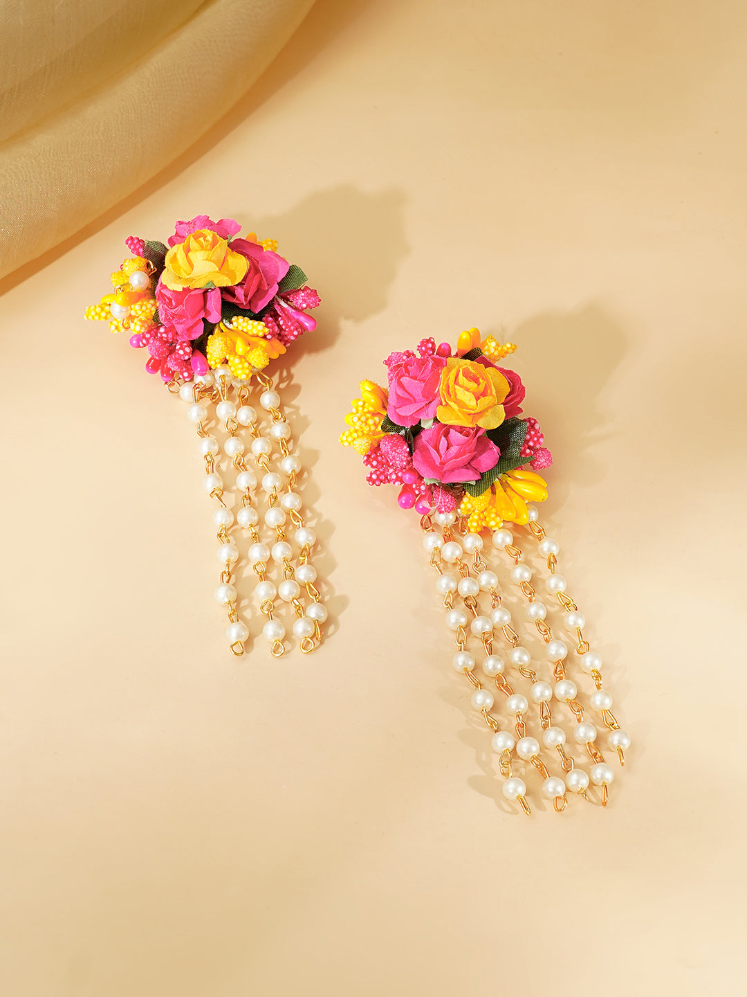 Gold Plated Pearl Beaded Pink & Yellow FLoral Choker Necklace Set With Maangtikka & Hathphool