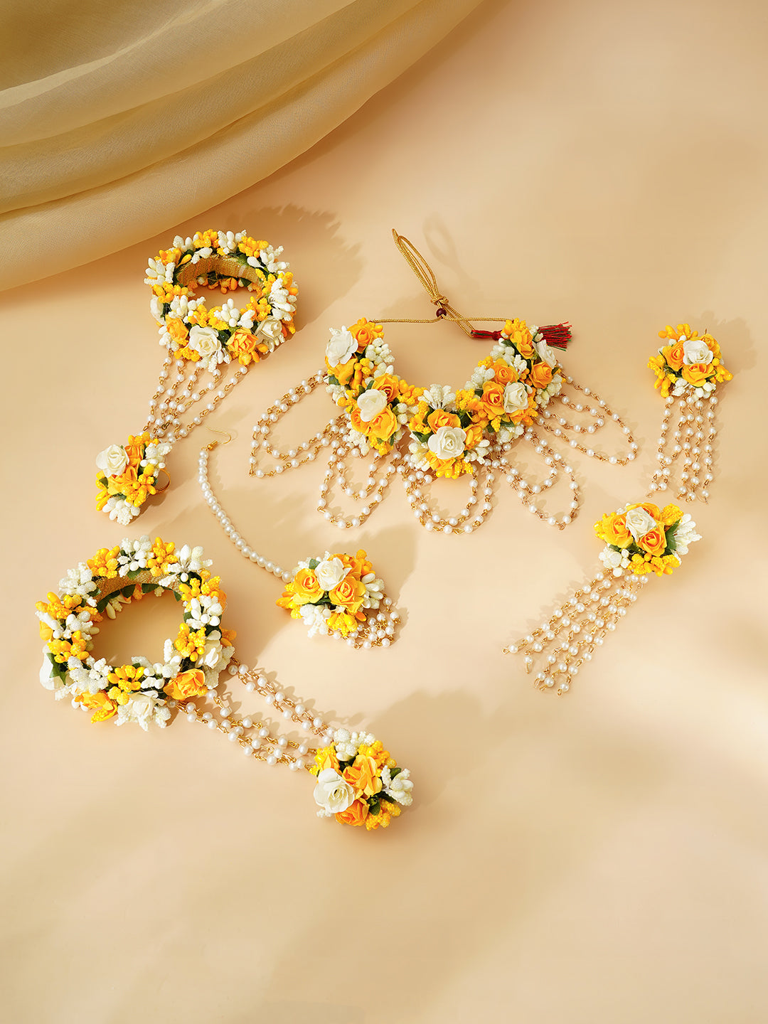 Gold Plated Pearl Beaded Yellow & White Floral Choker Necklace Set With Maangtikka & Hathphool