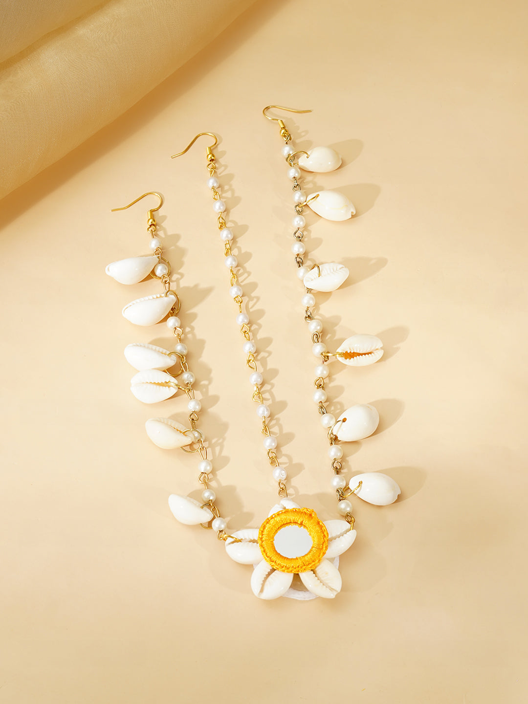 Gold Plated Pearl Beaded Shell Drop Pink & Yellow Floral Necklace Set With Maangtikka & Hathphool