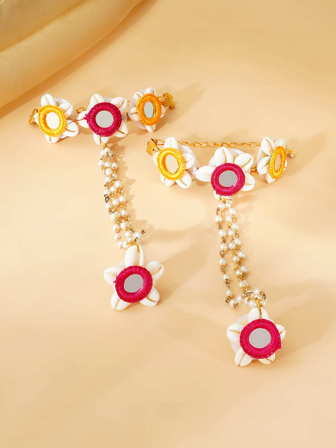 Gold Plated Pearl Beaded Shell Drop Pink & Yellow Floral Necklace Set With Maangtikka & Hathphool