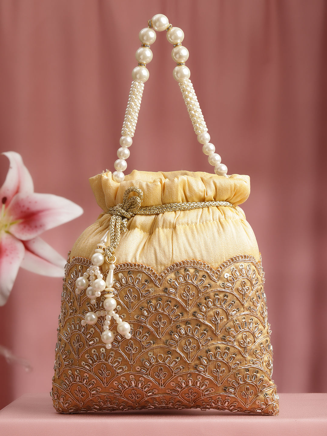 Mustard Yellow Embellished Pearl Handle Potli Bag