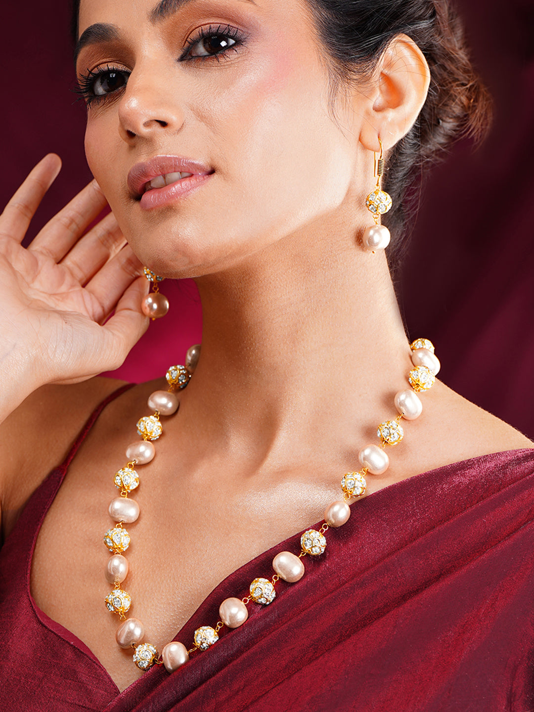 Peach Pearl Beaded Cubic Zirconia Statement Necklace Set
