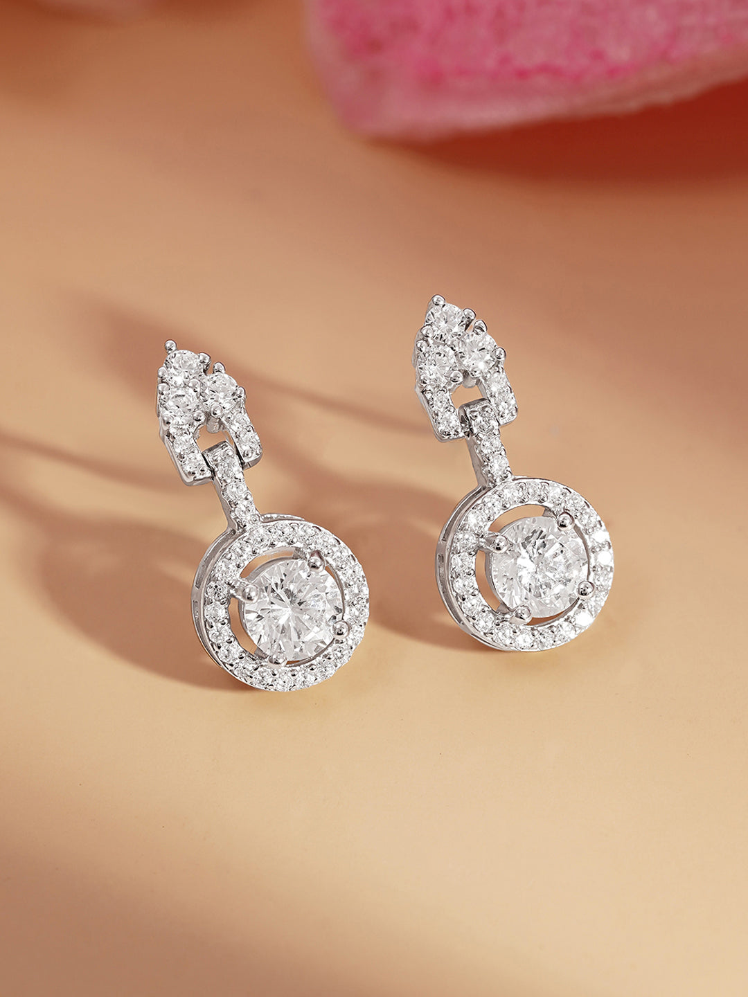 925 Fine Silver Solitaire Zirconia Halo Drop Earrings