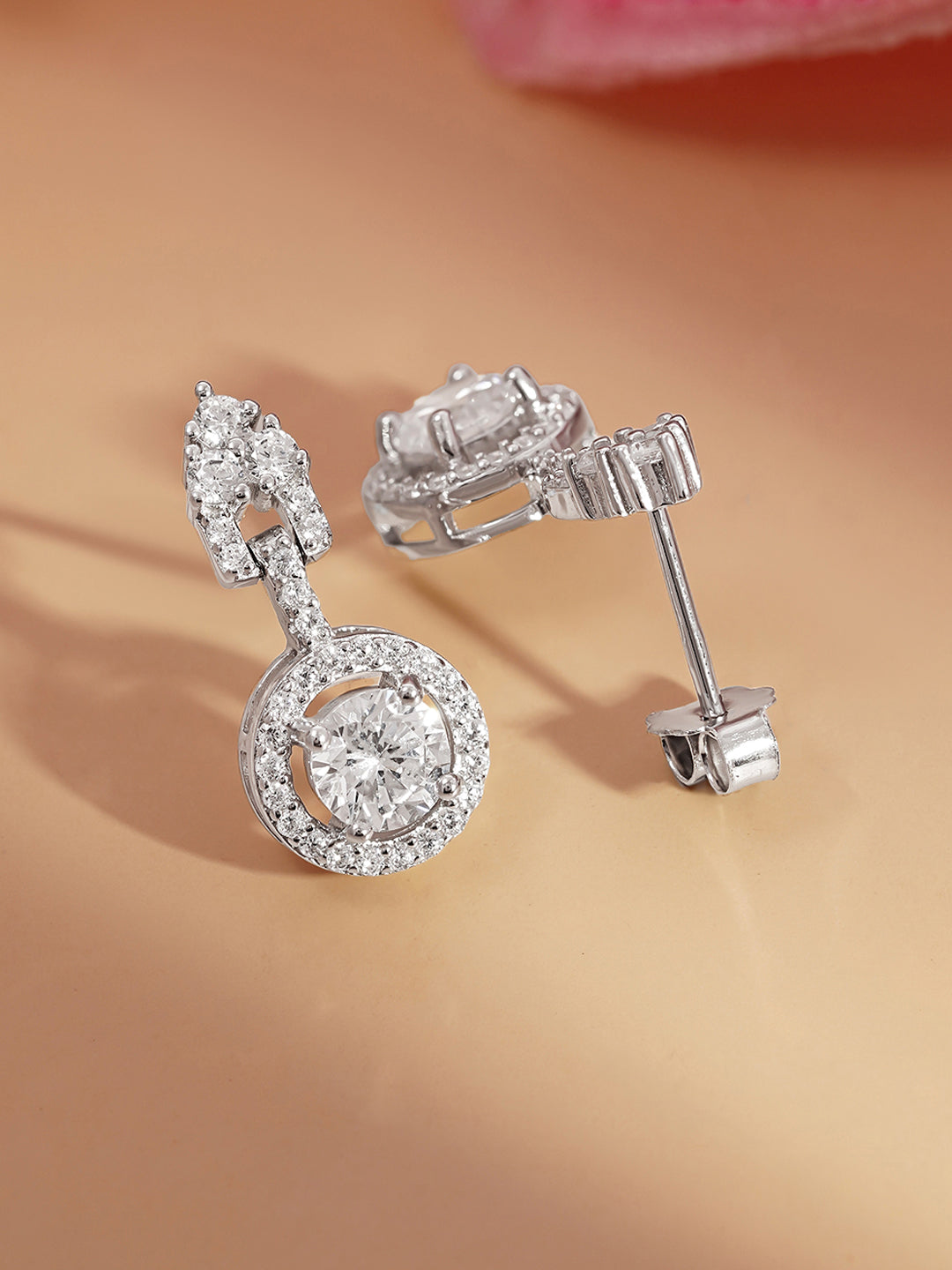 925 Fine Silver Solitaire Zirconia Halo Drop Earrings