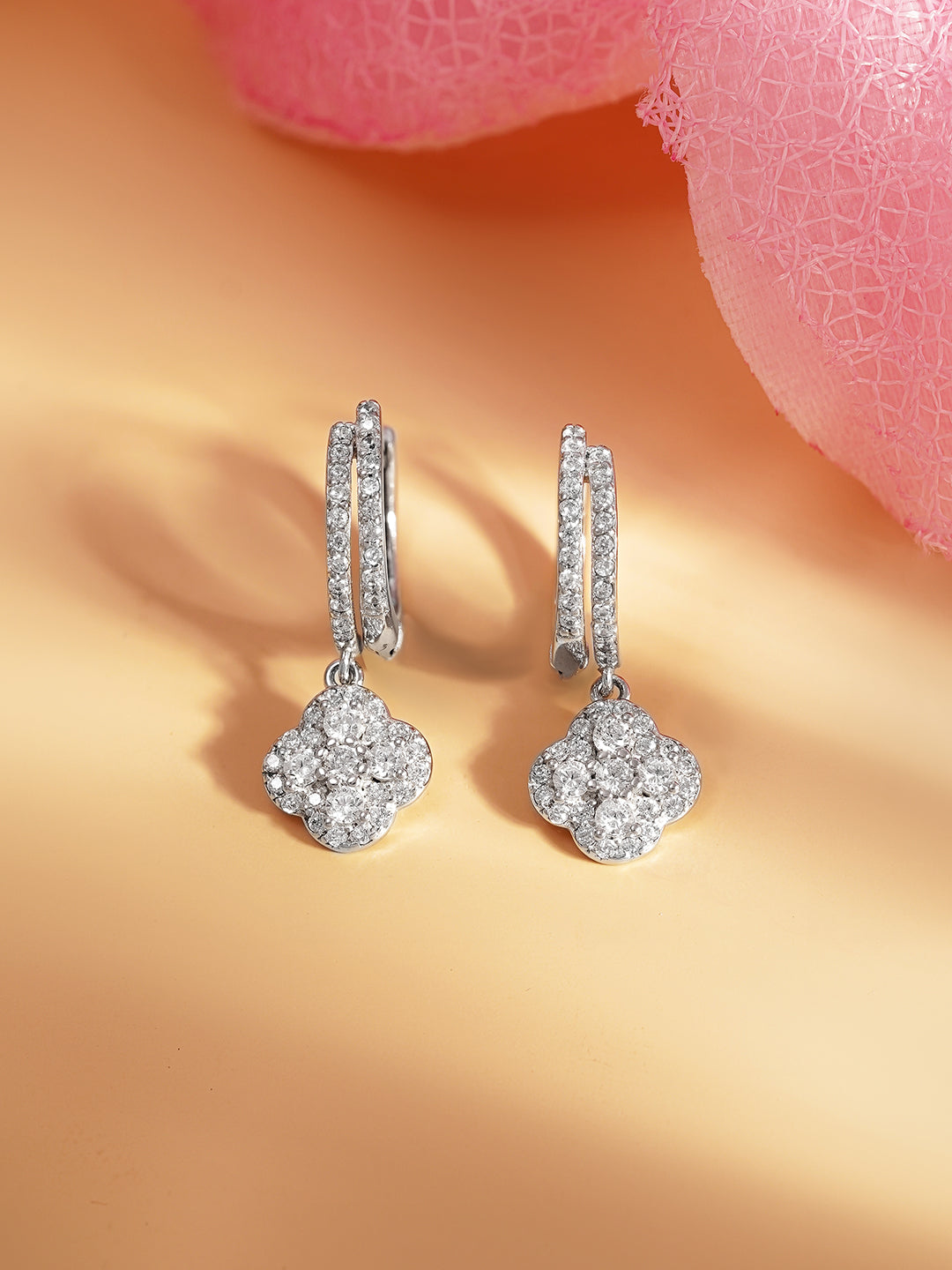 925 Fine Silver Crystal Clover Hoop Drop Earrings