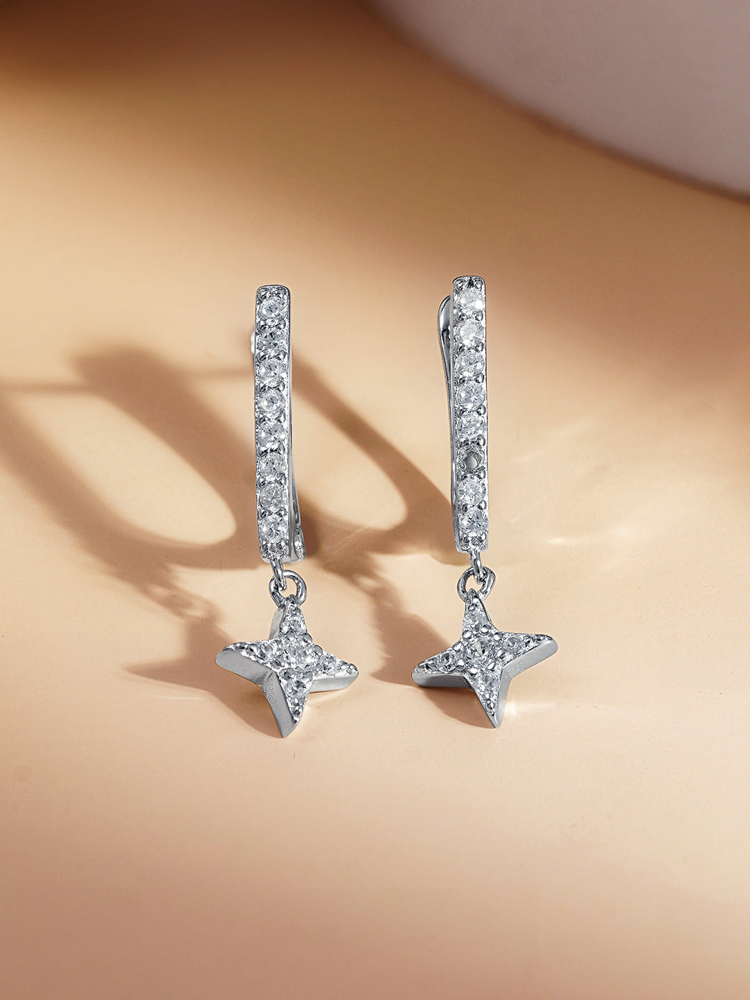 925 Fine Silver Zirconia Star Charm Hoop Drop