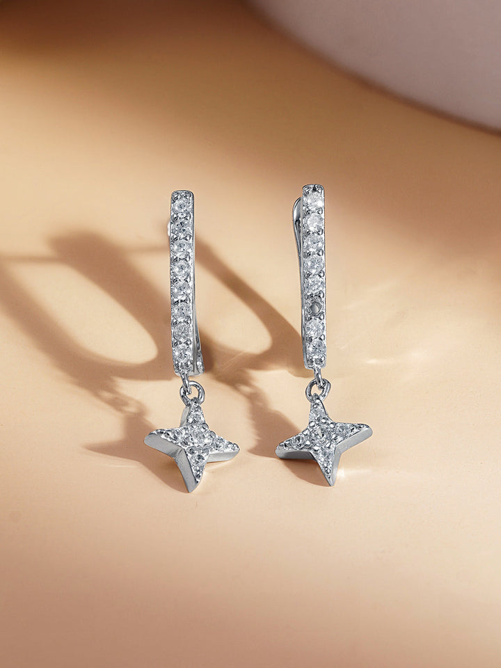 925 Fine Silver Zirconia Star Charm Hoop Drop