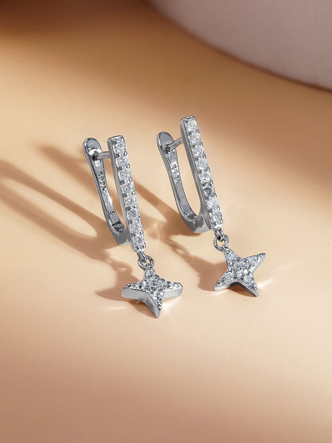 925 Fine Silver Zirconia Star Charm Hoop Drop