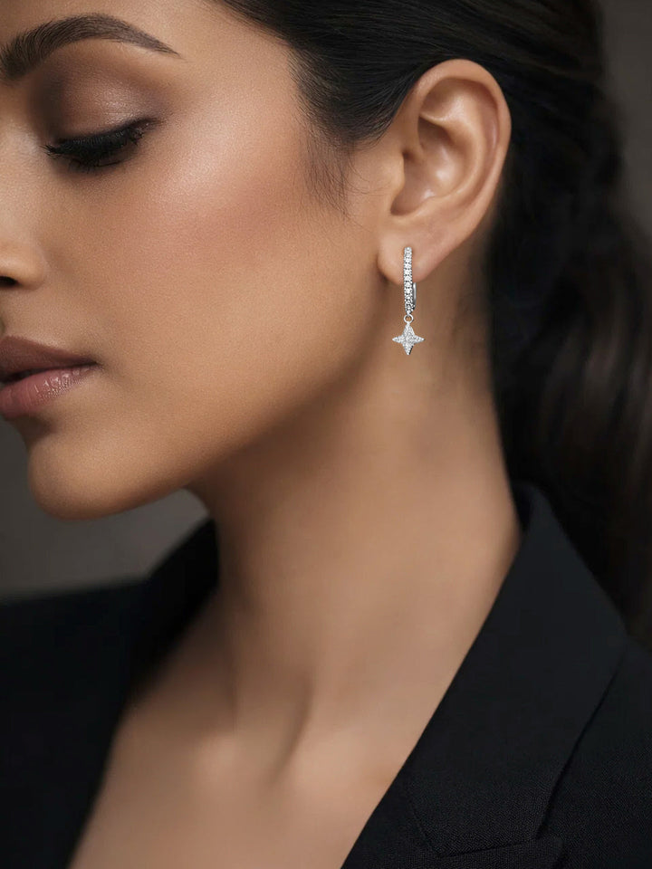 925 Fine Silver Zirconia Star Charm Hoop Drop