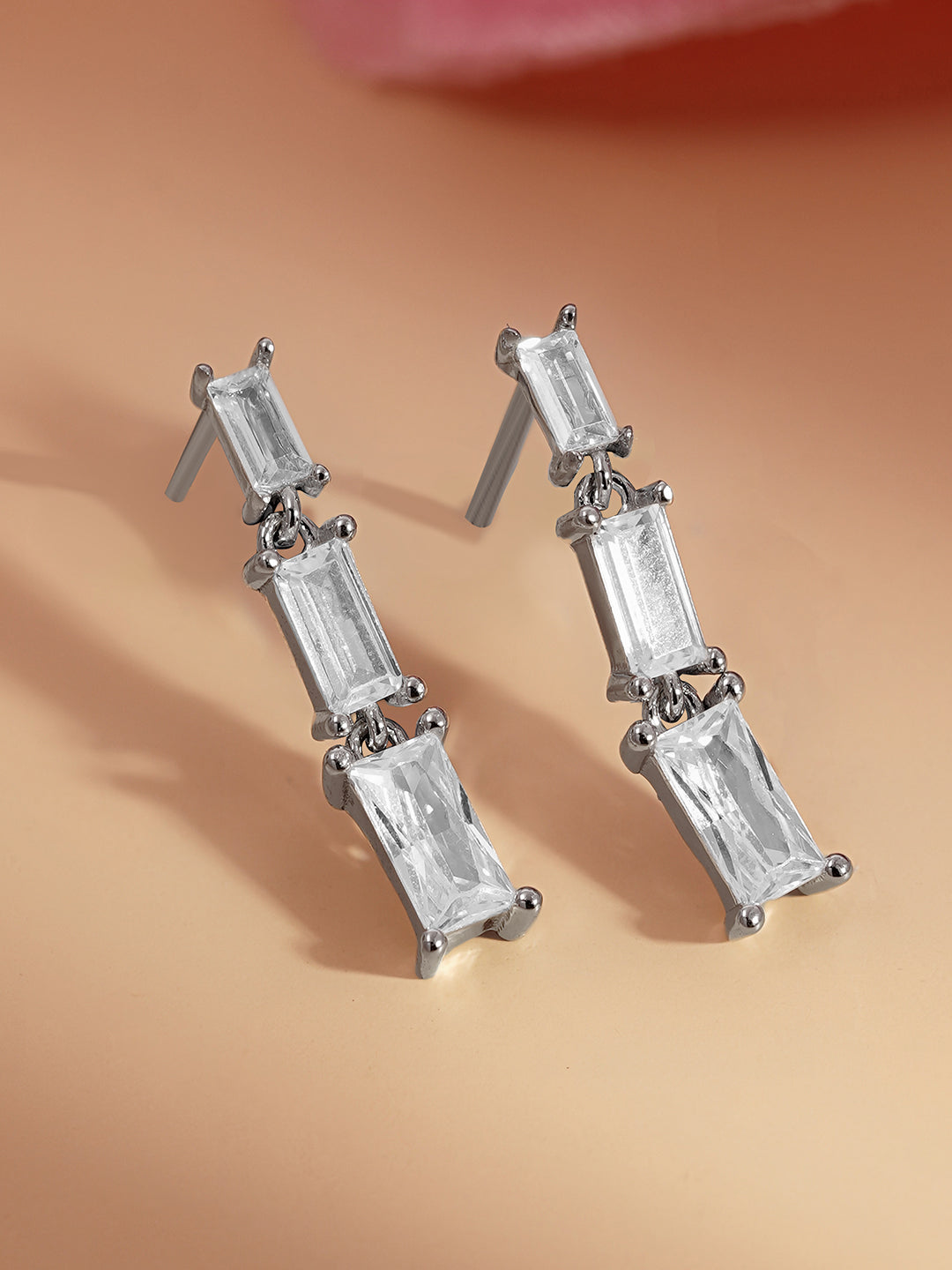 925 Fine Silver Baguette Diamond Drop Earrings