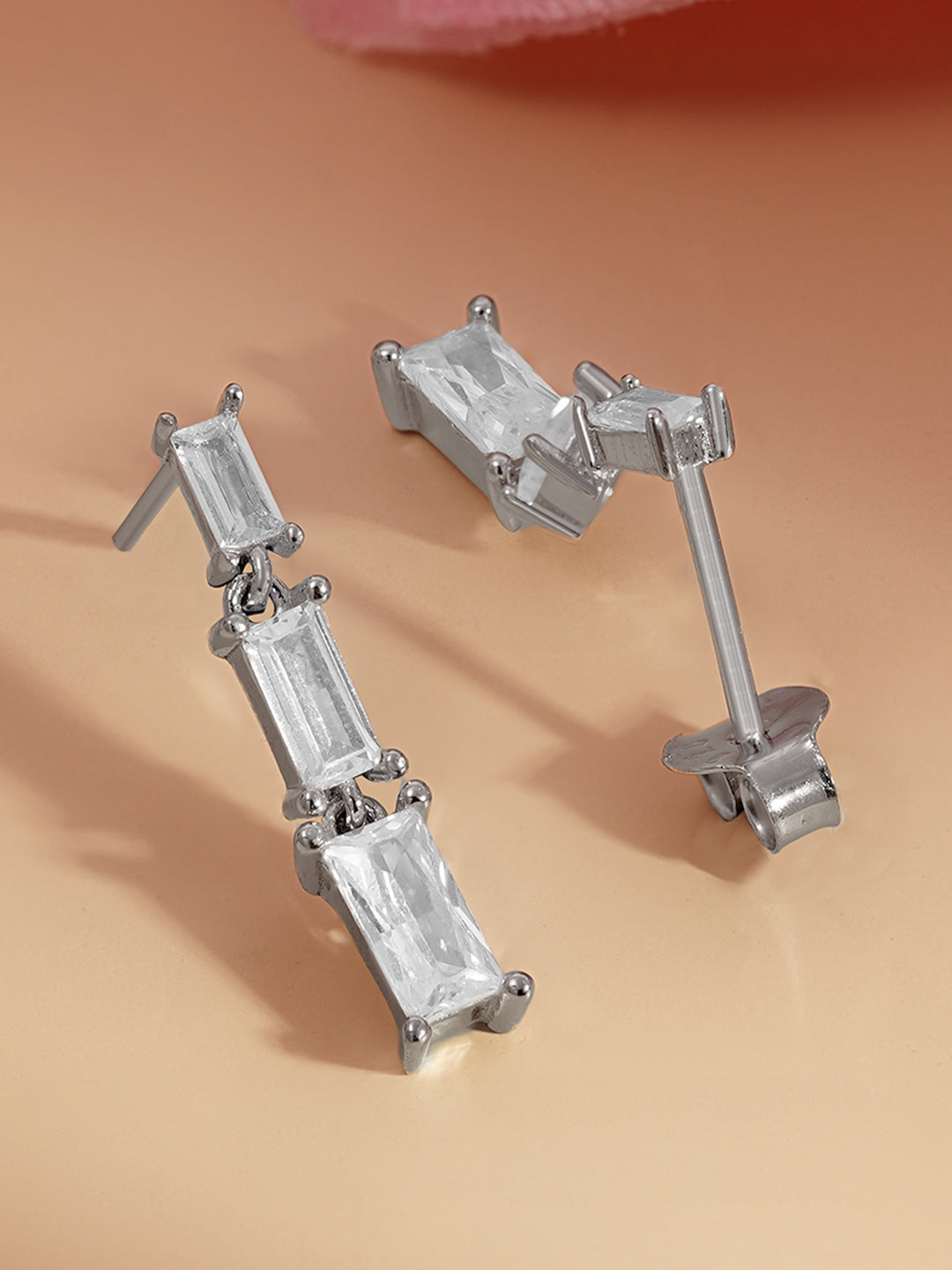 925 Fine Silver Baguette Diamond Drop Earrings