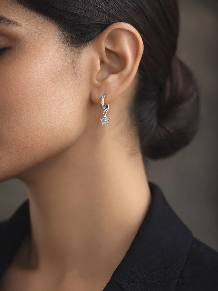 925 Fine Silver Zirconia Star Charm Hoop Earrings