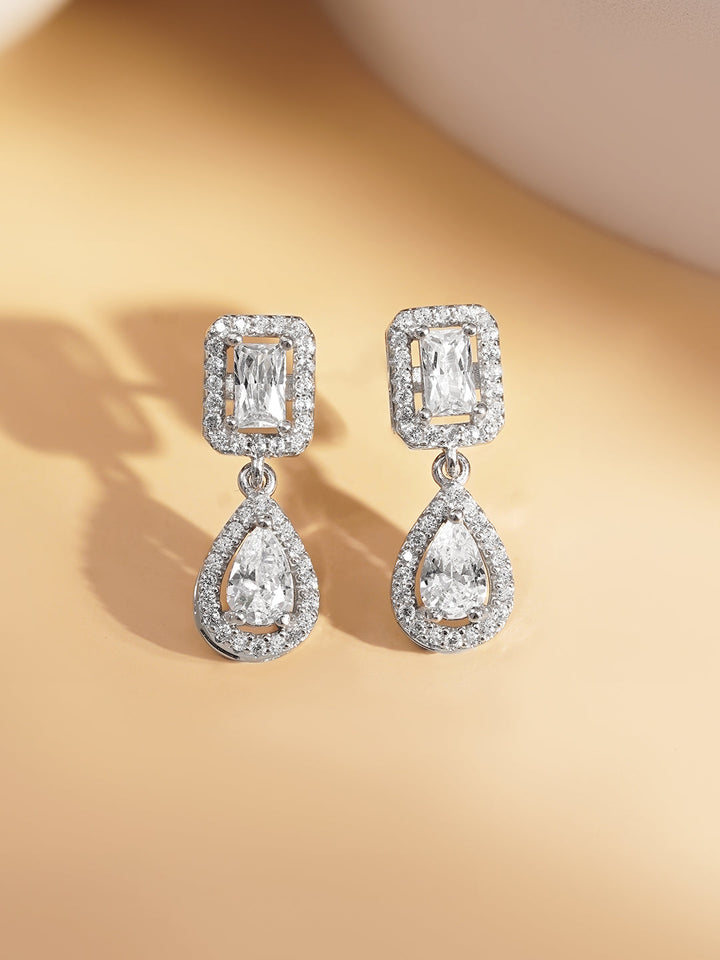 925 Fine Silver American Diamond Double Drop Earrings