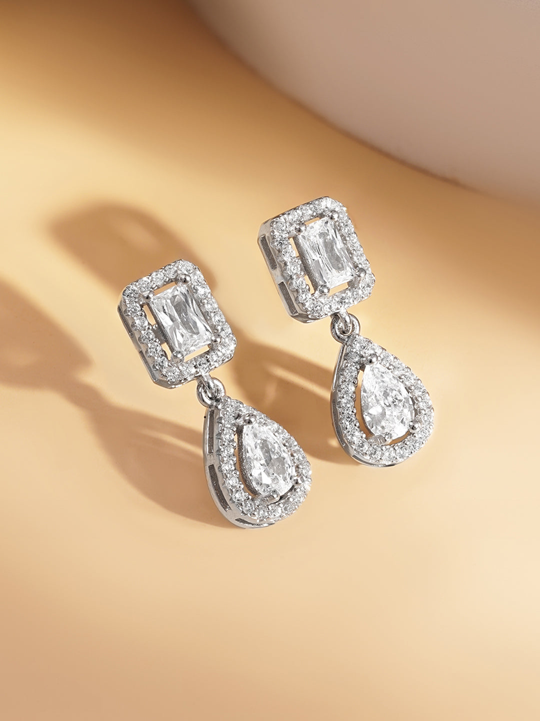 925 Fine Silver American Diamond Double Drop Earrings