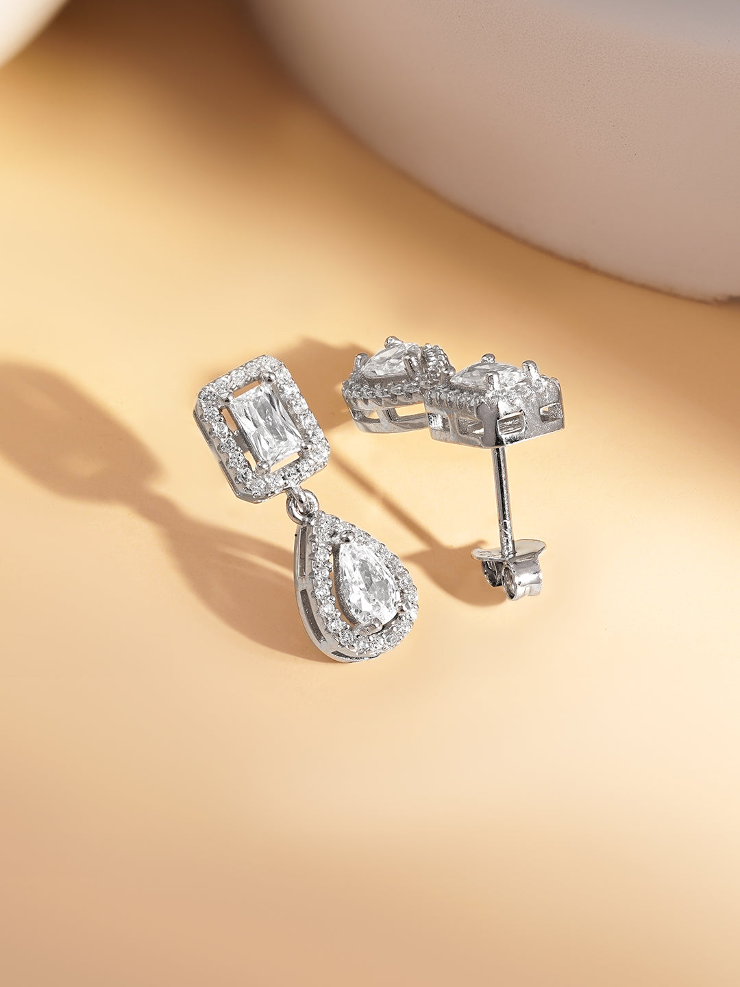 925 Fine Silver American Diamond Double Drop Earrings