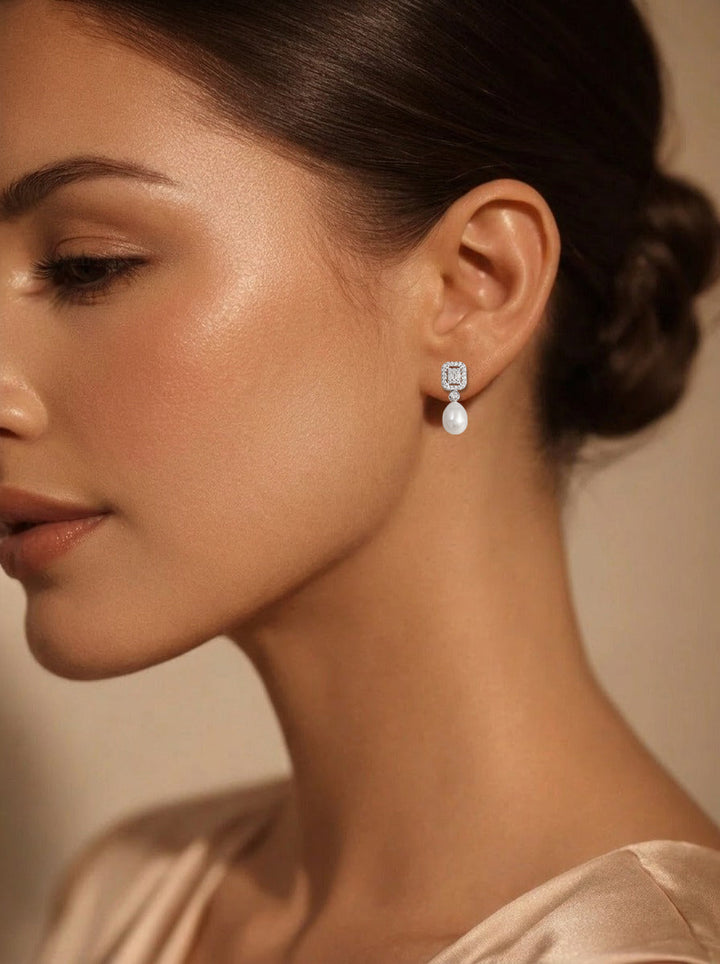 925 Fine Silver American Diamond Pearl Drop Earrings