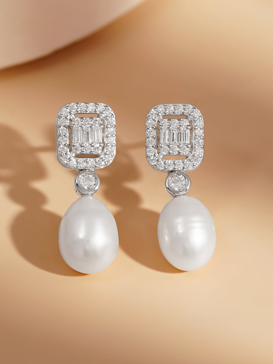 925 Fine Silver American Diamond Pearl Drop Earrings