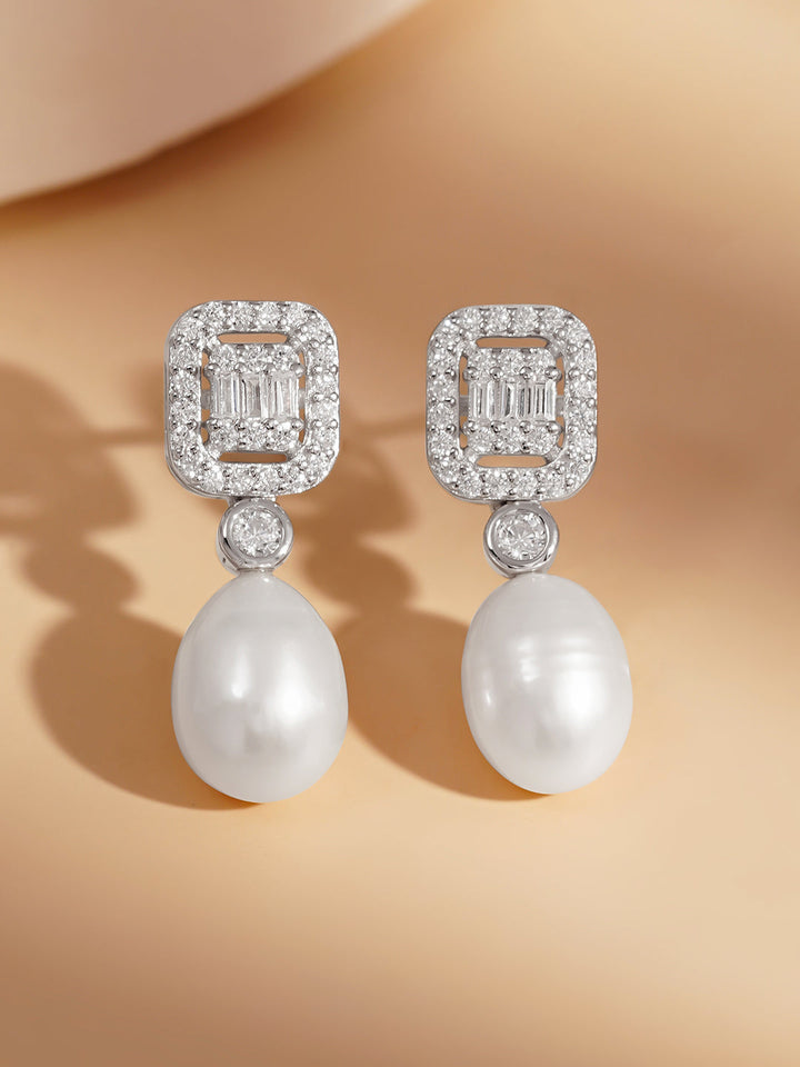 925 Fine Silver American Diamond Pearl Drop Earrings
