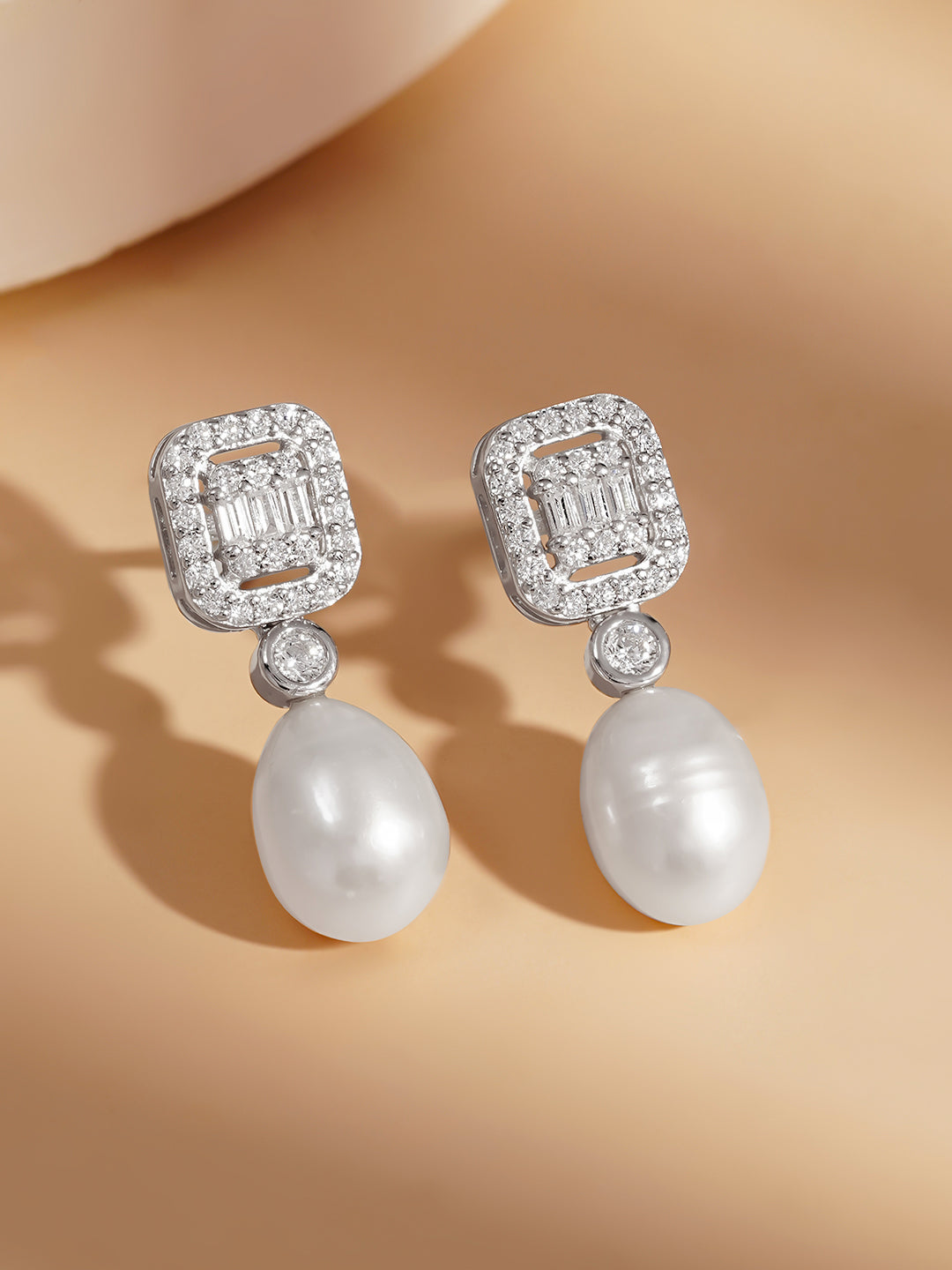 925 Fine Silver American Diamond Pearl Drop Earrings