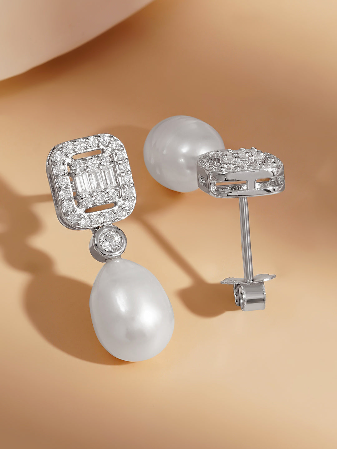 925 Fine Silver American Diamond Pearl Drop Earrings