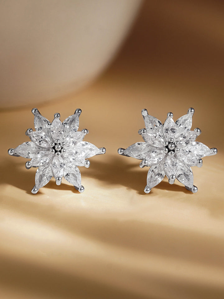 925 Fine Silver Crystal Floral Stud Earrings
