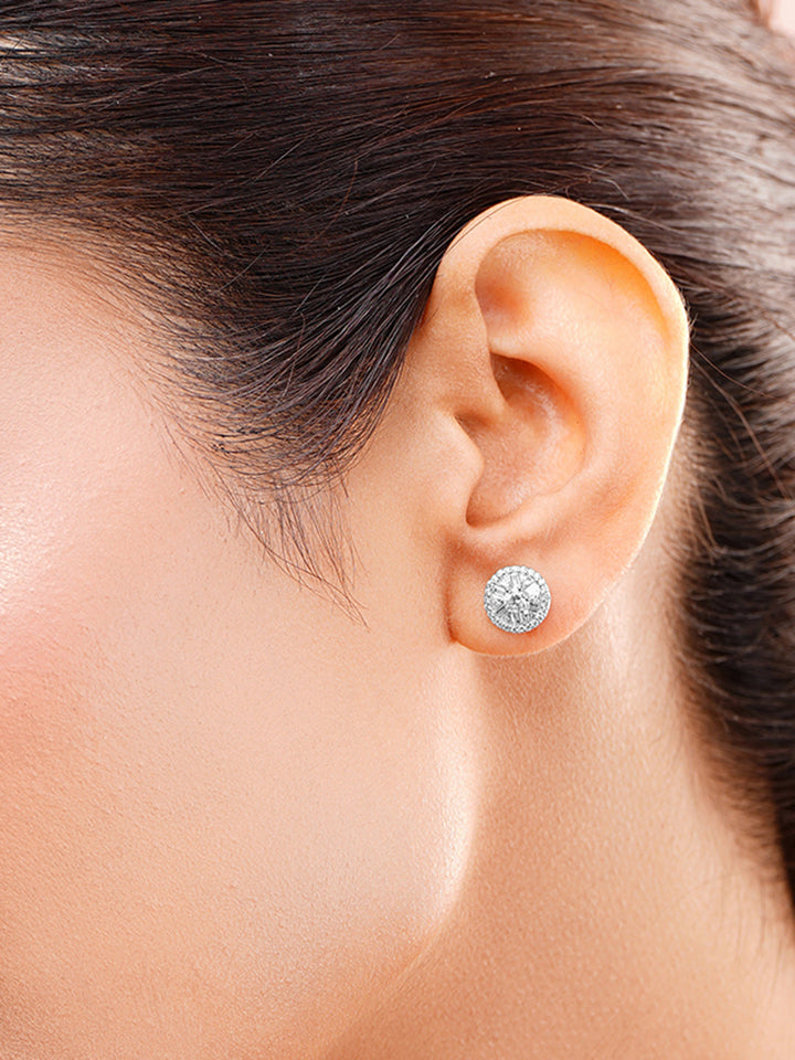 925 Fine Silver Round Diamond Stud Earrings