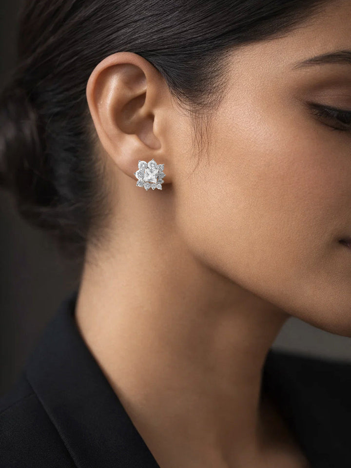 925 Fine Silver Crystal Floral Stud Earrings
